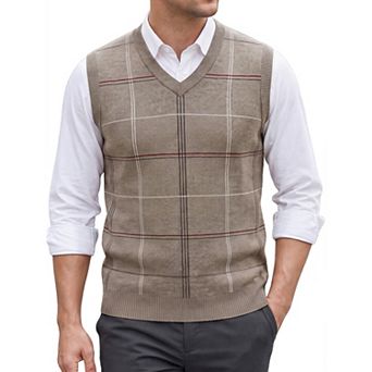 Men's Formal Lightweight V-Neck Sleeveless Plaid Pattern Knit Sweater Vest