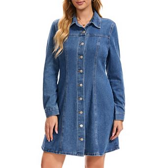 Womens Denim Dress Fall Long Sleeve Button Front Mini Jean Shirt Dresses