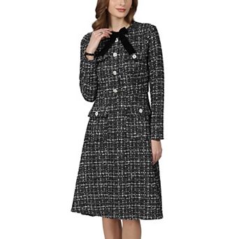 Women's Tweed Dress Long Sleeve Crew Neck Pearl Button Cocktail Wedding A Line Dresses with Bow