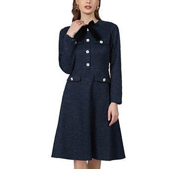 Women's Tweed Dress Long Sleeve Crew Neck Pearl Button Cocktail Wedding A Line Dresses with Bow