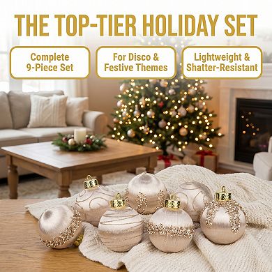 Handpainted Christmas 9 Pack Large Sphere Orbs, Shatterproof Foam Lightweight Tree Hanging Ornaments