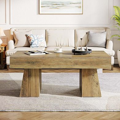 Tribesigns 47" Coffee Table Farmhouse Light Brown Wood Rectangular Living Room Table