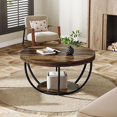 Tribesigns 31.7" Round Industrial Coffee Table with 2-Tier Storage Shelves