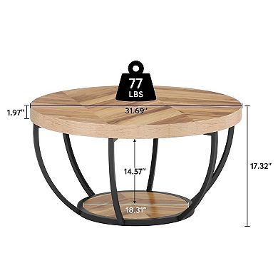 Tribesigns 31.7" Round Industrial Coffee Table with 2-Tier Storage Shelves