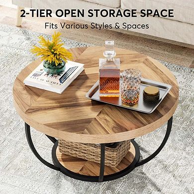 Tribesigns 31.7" Round Industrial Coffee Table with 2-Tier Storage Shelves
