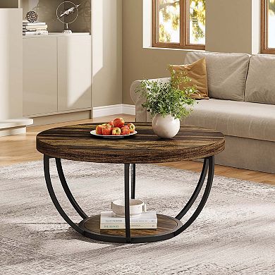 Tribesigns 31.7" Round Industrial Coffee Table with 2-Tier Storage Shelves