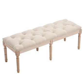 KWPZQEB French Vintage Tufted Linen Ottoman Bench with Distressed Wood Legs for Living Room