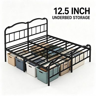 HOMZENE Bed Frame with Curved Headboard, Sturdy Metal Slats Support,No Box Spring Needed
