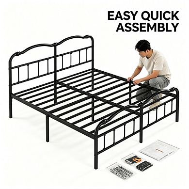 HOMZENE Metal Platform Bed Frame With Headboard, Heavy Duty Slats Support