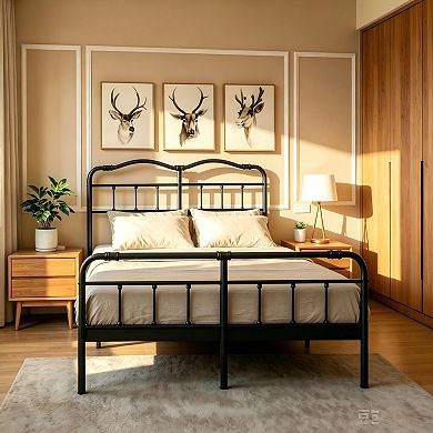 HOMZENE Metal Platform Bed Frame With Headboard, Heavy Duty Slats Support