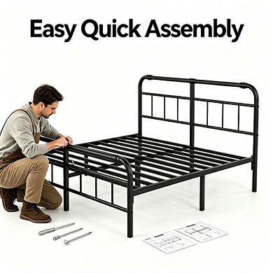 Metal Bed Frame with Headboard, Heavy Duty Platform Bed, No Box Spring Needed