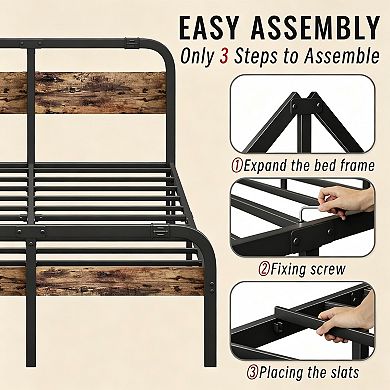 HOMZENE Bed Frame with Wood Panel Headboard,Metal Bed Frame,No Box Spring Needed