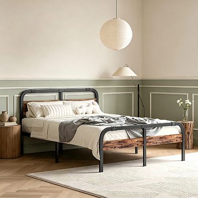 HOMZENE Bed Frame with Wood Panel Headboard,Metal Bed Frame,No Box Spring Needed