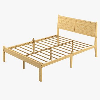 HOMZENE Bed Frame, Solid Wood Platform Bed with Carved Headboard, No Box Spring Needed