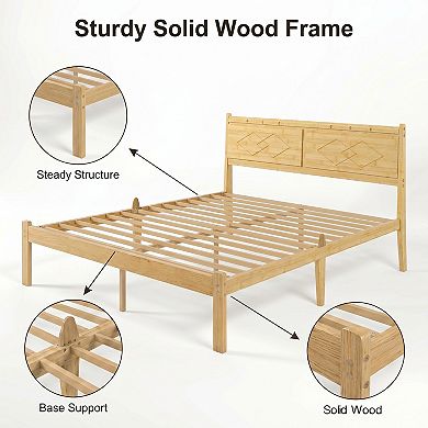HOMZENE Bed Frame, Solid Wood Platform Bed with Carved Headboard, No Box Spring Needed