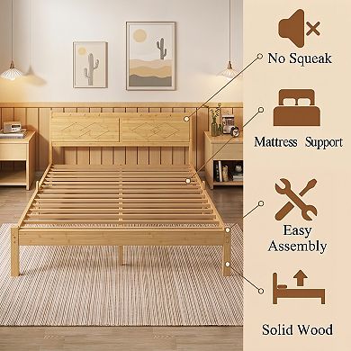 HOMZENE Bed Frame, Solid Wood Platform Bed with Carved Headboard, No Box Spring Needed