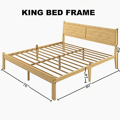 HOMZENE Bed Frame, Solid Wood Platform Bed with Carved Headboard, No Box Spring Needed