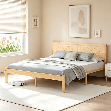 HOMZENE Bed Frame, Solid Wood Platform Bed with Carved Headboard, No Box Spring Needed
