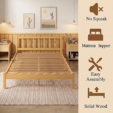 HOMZENE Bed Frame, Solid Wood Platform Bed with Headboard, No Box Spring Needed
