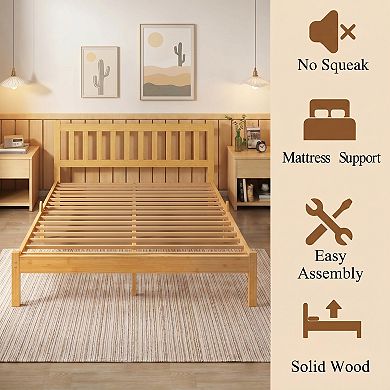 HOMZENE Bed Frame, Solid Wood Platform Bed Frame with Headboard, No Box Spring Needed