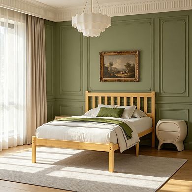 HOMZENE Bed Frame, Solid Wood Platform Bed Frame with Headboard, No Box Spring Needed