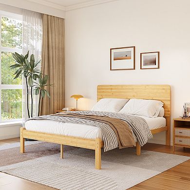 HOMZENE Bed Frame, Solid Wood Platform Bed with Headboard, No Box Spring Needed