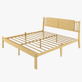 HOMZENE Bed Frame, Solid Wood Platform Bed With Slatted Headboard, No Box Spring Needed