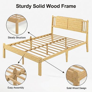 HOMZENE Bed Frame, Solid Wood Platform Bed With Slatted Headboard, No Box Spring Needed