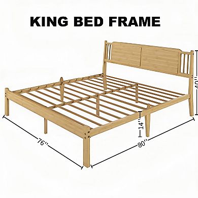 HOMZENE Bed Frame, Solid Wood Platform Bed With Slatted Headboard, No Box Spring Needed
