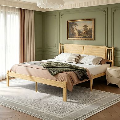 HOMZENE Bed Frame, Solid Wood Platform Bed With Slatted Headboard, No Box Spring Needed
