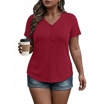 Women's Plus Size Tops Short Sleeve V Neck Tee Ribbed Knitted Casual T-shirts Summer Outfits