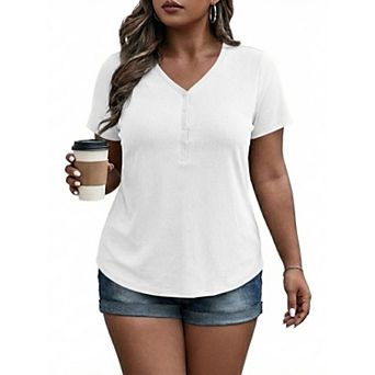 Women's Plus Size Tops Short Sleeve V Neck Tee Ribbed Knitted Casual T-shirts Summer Outfits