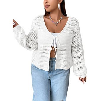 Women's Plus Size Cardigan Hollow Out Open Knit Sweater Ladies Front Tie Shrug