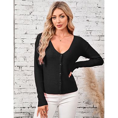 Women's V-Neck Cardigan Sweater Solid Color 2 Ways Wear Sweater Knit Spring Top