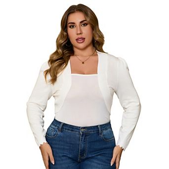 Women's Plus Size Bolero Shrug Open Front Sweater Curved Hem Cardigan Puff Sleeve Ruffled Design