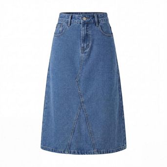 Women's Minimalist Denim Midi Skirt High Waisted Slim Fit Elegant Office Skirt