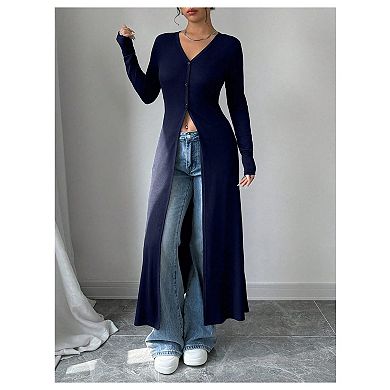 Women's Streetwear Long Sleeve Button Down Maxi Cardigan Split Duster Coat for Layering