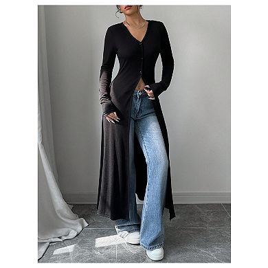 Women's Streetwear Long Sleeve Button Down Maxi Cardigan Split Duster Coat for Layering
