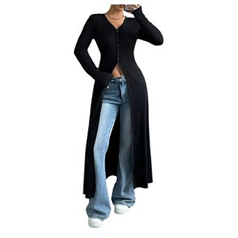 Women's Streetwear Long Sleeve Button Down Maxi Cardigan Split Duster Coat for Layering