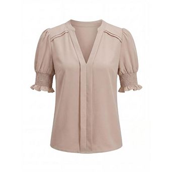 Summer Casual V Neck Puff Sleeve Tops for Women Solid Color Loose Fit Blouses Beach Vacation Shirts