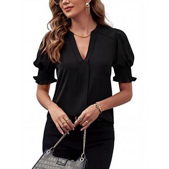 Summer Casual V Neck Puff Sleeve Tops for Women Solid Color Loose Fit Blouses Beach Vacation Shirts