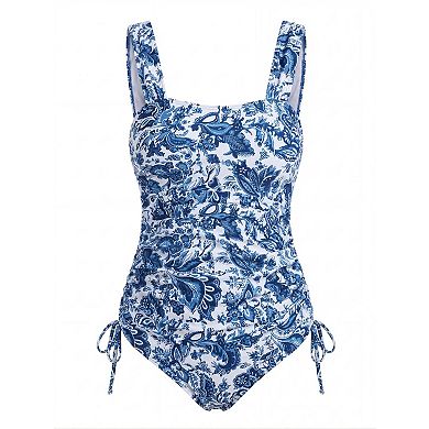 Vintage Print Maternity One Piece Swimsuit Comfortable Drawstring Bathing Suit for Moms