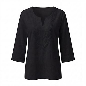 Women's V Neck Lace Blouse 3/4 Sleeve Linen Look Bohemian Blouse