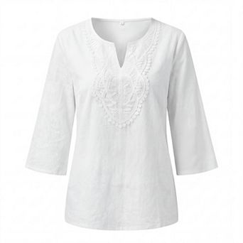 Women's V Neck Lace Blouse 3/4 Sleeve Linen Look Bohemian Blouse
