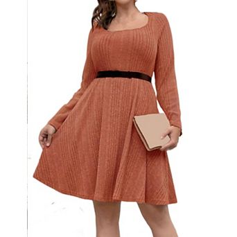 Women's Plus Size Square Neck A Line Dress Long Sleeve Slim Fit Flattering Dresses for Curvy Women
