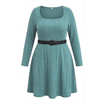 Women's Plus Size Square Neck A Line Dress Long Sleeve Slim Fit Flattering Dresses for Curvy Women
