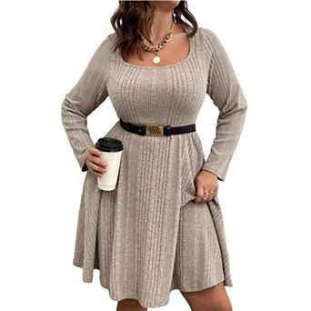 Women's Plus Size Square Neck A Line Dress Long Sleeve Slim Fit Flattering Dresses for Curvy Women