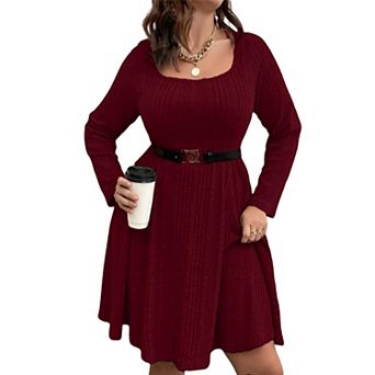 Women's Plus Size Square Neck A Line Dress Long Sleeve Slim Fit Flattering Dresses for Curvy Women