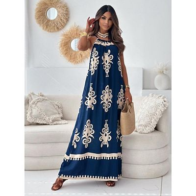 ethnic print maxi dress Boho Ethnic Print Strappy Maxi Dress  Pink Cocoa Multi Medium