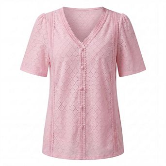 Elegant Scalloped V-Neck Eyelet Blouse Women's Stretchy Short Sleeve Top